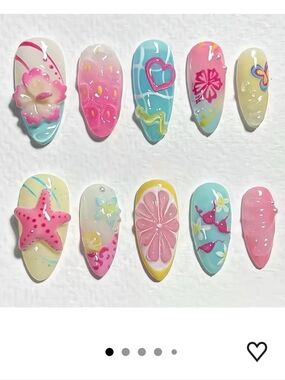 Colorful Summer Beach Press-On Nails with 3D Starfish & Hibiscus